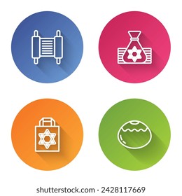 Set line Torah scroll, Jewish money bag, Shopping with star of david and sweet bakery. Color circle button. Vector