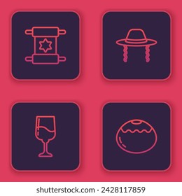 Set line Torah scroll, Jewish goblet, Orthodox jewish hat and sweet bakery. Blue square button. Vector