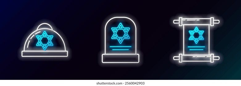 Set line Torah scroll, Jewish kippah with star of david and Tombstone icon. Glowing neon. Vector