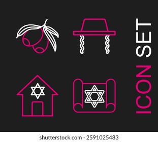 Set line Torah scroll, Jewish synagogue, Orthodox jewish hat and Olives branch icon. Vector