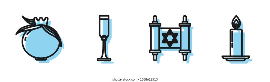 Set line Torah scroll, Pomegranate, Jewish goblet and Burning candle in candlestick icon. Vector