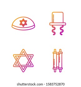 Set line Torah scroll, Star of David, Jewish kippah with star of david and Orthodox jewish hat with sidelocks. Gradient color icons. Vector