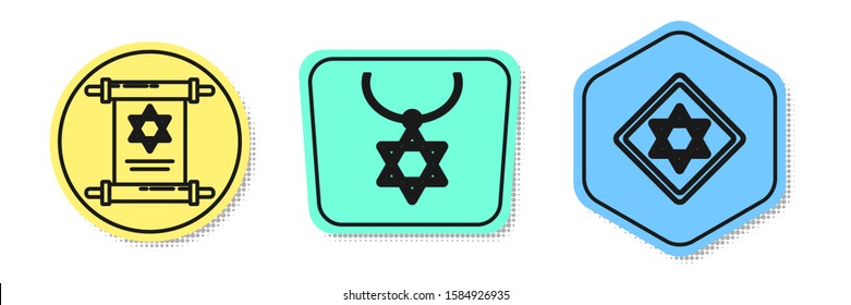 Set line Torah scroll, Star of David necklace on chain and Star of David. Colored shapes. Vector