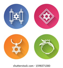 Set line Torah scroll, Star of David, Star of David necklace on chain and Pomegranate. Color circle button. Vector