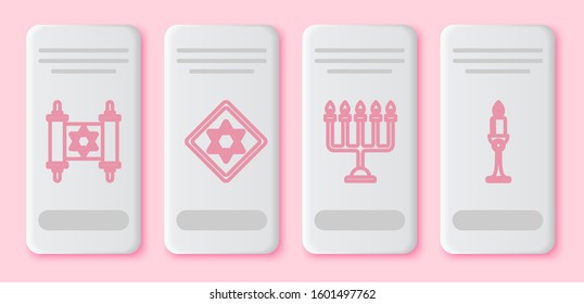 Set line Torah scroll, Star of David, Hanukkah menorah and Burning candle in candlestick. White rectangle button. Vector
