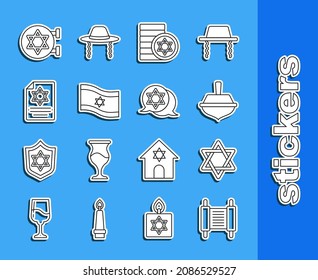 Set line Torah scroll, Star of David, Hanukkah dreidel, Jewish coin, Flag Israel, synagogue and  icon. Vector