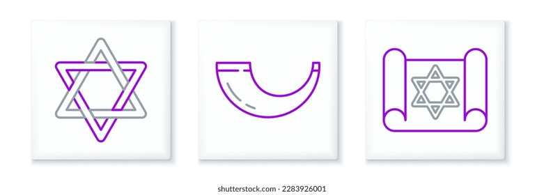 Set line Torah scroll, Star of David and Traditional ram horn, shofar icon. Vector