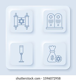 Set line Torah scroll, Tombstone with star of david, Jewish goblet and Jewish money bag with star of david and coin. White square button. Vector