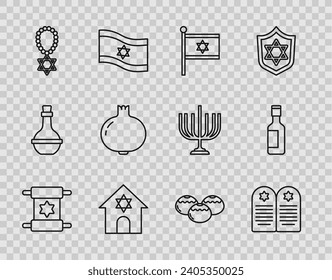 Set line Torah scroll, Tombstone with star of david, Flag Israel, Jewish synagogue, Star David necklace chain, Pomegranate, sweet bakery and wine bottle icon. Vector