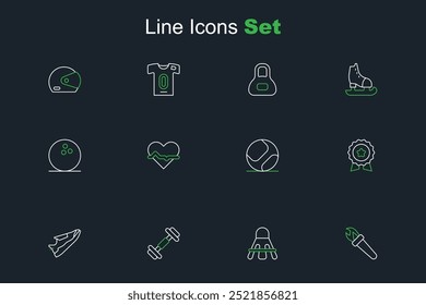 Set line Antorcha llama, volante de bádminton, mancuerna, zapatillas de deporte de fitness, medalla con estrella, pelota de béisbol, ritmo cardíaco e icono de bolos. Vector