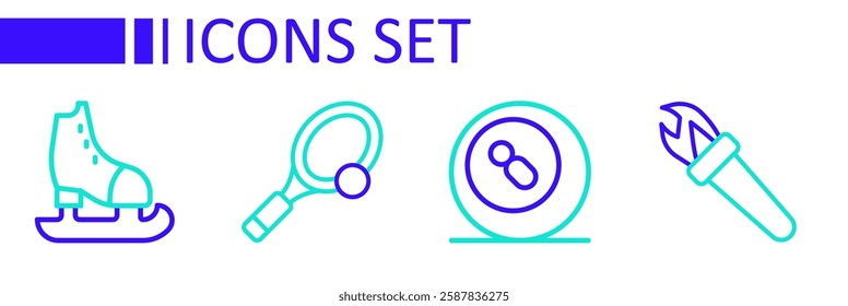 Set line Torch flame, Billiard pool snooker ball, Tennis racket with and Skates icon. Vector