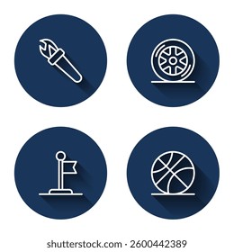 Set line Torch flame, Car wheel, Flag and Basketball ball with long shadow. Blue circle button. Vector