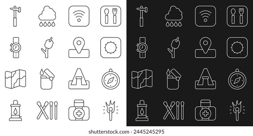 Llama de antorcha, brújula, sol, Wi-Fi Internet inalámbrico, malvavisco en el palo, reloj de pulsera, martillo y Locación para el icono de camping. Vector