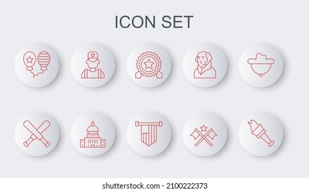 Set Linie Torch Flamme, Crossed Baseball Fledermaus, Medaille mit Stern, amerikanische Flagge, Balloons, Sheriff Cowboy, White House und Icon. Vektorgrafik