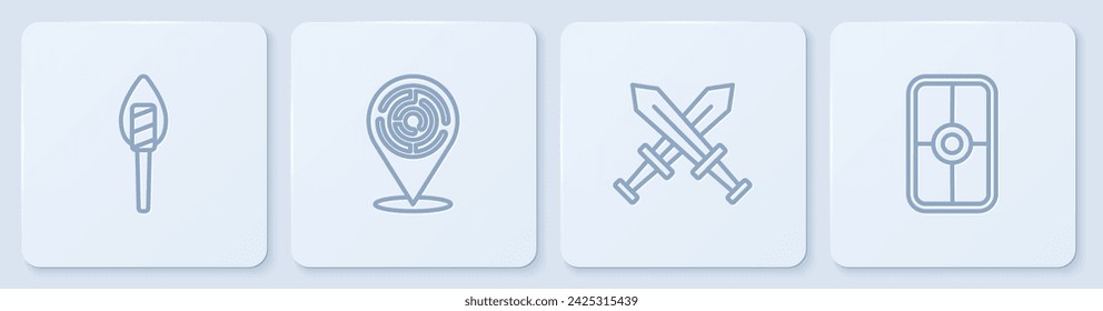 Set line Torch flame, Crossed medieval sword, Minotaur labyrinth and Greek shield. White square button. Vector