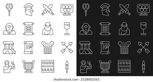 Set line Torch flame, Crossed arrows, Wine glass, medieval sword, Decree, parchment, scroll, Cyclops, Neptune Trident and Socrates icon. Vector