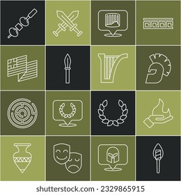 Set line Torch flame, Hand holding fire, Greek helmet, Ancient column, Medieval spear, Greece national flag, Olive cheese chopstick and Harp icon. Vector