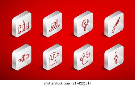Set line Torch flame, Hunter hat with feather, Paw search, Shotgun, print, Bullet and cartridge, Dog and Sniper optical sight icon. Vector