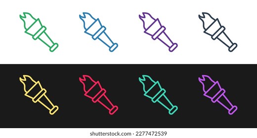 Set line Torch flame icon isolated on black and white background. Symbol fire hot, flame power, flaming and heat.  Vector