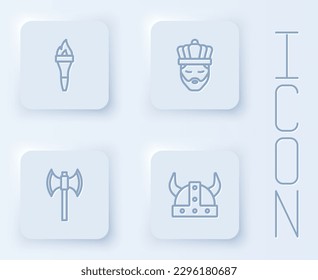 Fijar la línea Llama de la antorcha, Rey con corona, polo medieval y casco con cuernos vikingos. Botón cuadrado blanco. Vector