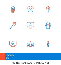 Llama de antorcha, corona del rey, casco medieval, trono, maza con picos, hacha y martillos de batalla cruzada icono. Vector