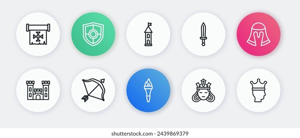 Set line Torch flame, Medieval helmet, Castle, Princess queen, sword, tower, King crown and bow and arrow icon. Vector