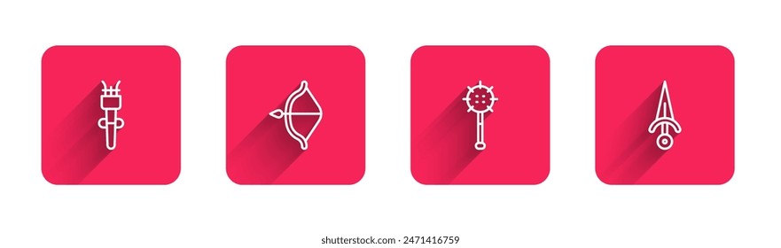 Set line Torch flame, Medieval bow and arrow, chained mace ball and Dagger with long shadow. Red square button. Vector