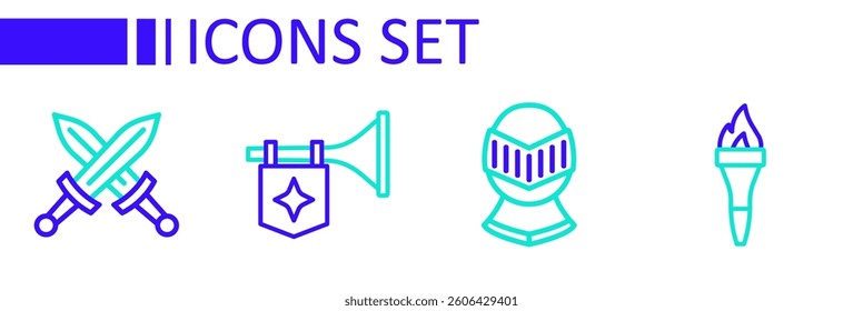 Set line Torch flame, Medieval helmet, Trumpet with flag and Crossed medieval sword icon. Vector