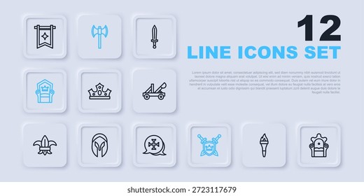 Línea de juego Antorcha llama, trono medieval, corona del rey, escudo con espadas, casco, polea e icono de la cruzada. Vector