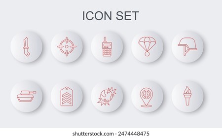 Set line Llama de antorcha, tanque militar, walkie talkie, paz de la Locación, cuchillo, objetivo deportivo, Chevron y bomba explosivo planeta tierra ícono. Vector
