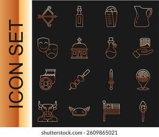 Set line Torch flame, Minotaur labyrinth, Ancient column, Gyros Pita Greek, Santorini building, Comedy and tragedy masks, Medieval bow with arrow and Bottle of olive oil icon. Vector