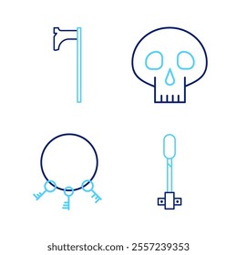 Set line Torch flame, Old keys, Skull and Medieval axe icon. Vector