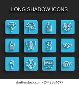 Set line Torch flame, Peace, Parachute, The word war, Military tank, Binoculars, Star American military and reward medal icon. Vector