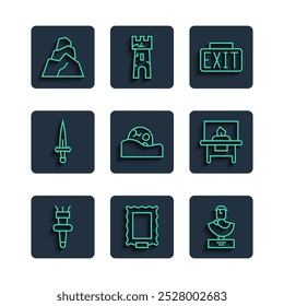 Llama de la antorcha, imagen, escultura del busto antiguo, señal de salida, cráneo humano, daga, piedras de Rock y vitrina de cristal para el ícono de la exposición. Vector