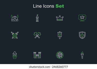 Set line Torch flame, Round wooden shield, Castle, tower, Shield, Medieval flag, Crossed battle hammers and with swords icon. Vector