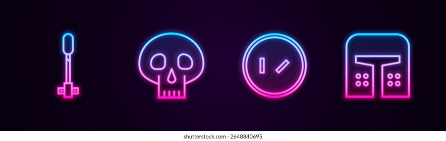 Set line Torch flame, Skull, Round wooden shield and Medieval iron helmet. Glowing neon icon. Vector