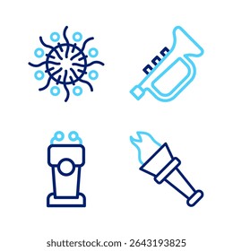 Set line Torch flame, Stage stand tribune, Trumpet and Firework icon. Vector