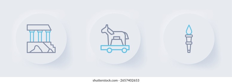 Definir linha Chama da tocha, cavalo de Troia e ícone Partenon. Vetor