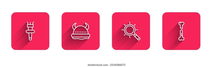 Set line Torch flame, Viking in horned helmet, Magnifying glass and Human broken bone with long shadow. Red square button. Vector