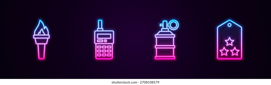 Set line Torch flame, Walkie talkie, Hand smoke grenade and Military rank. Glowing neon icon. Vector