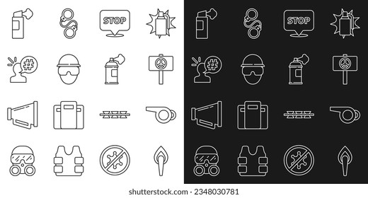 Set line Torch flame, Whistle, Peace, Protest, Special forces soldier, Pepper spray and Paint can icon. Vector