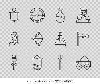 Set line Torch flame, Wooden four-wheel cart, Old bottle of wine, Medieval flag, bow and arrow, Garden pitchfork and  icon. Vector