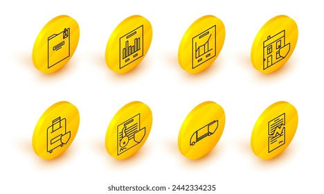 Set line Torn contract, Delivery cargo truck with shield, Document key, Traveling baggage insurance, House, graph chart,  and Personal folder icon. Vector