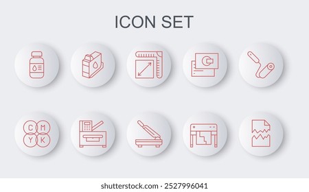 Set line Torn document, CMYK color mixing, Paper size, Plotter, Printer ink bottle, cartridge, Copy machine and cutter icon. Vector