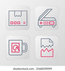 Set line Torn document, Coffee cup, Scanner and Carton cardboard box icon. Vector