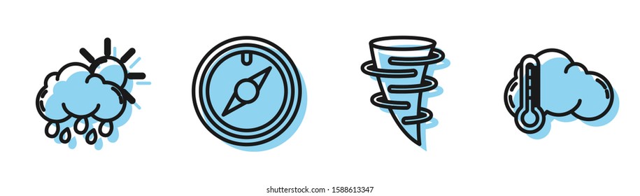 Set line Tornado, Cloud with rain and sun, Wind rose and Thermometer and cloud icon. Vector
