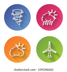 Set line Tornado, Cloud with rain and sun, Sun and cloud weather and Wind turbine. Color circle button. Vector
