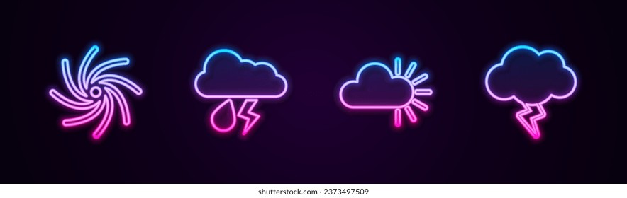 Set line Tornado, Cloud with rain and lightning, Cloudy and Storm. Glowing neon icon. Vector