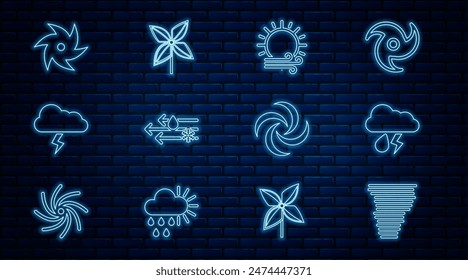 Fija la línea Tornado, Nube con lluvia y relámpagos, Sol de viento, nieve, Tormenta, y el icono de Pinwheel. Vector