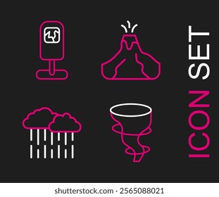 Set line Tornado, Cloud with rain, Volcano eruption lava and Trash icon. Vector